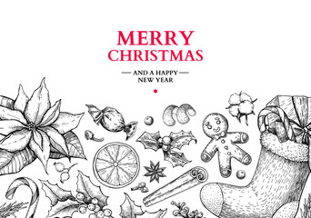 Christmas holiday greeting card. Vector hand drawn illustration 