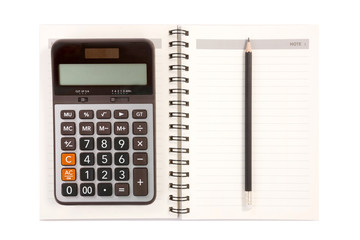 Notebook Pencil and Calculator on White Background.