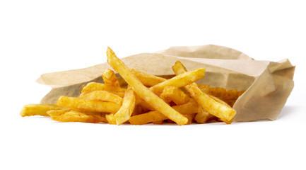 Side view of a bag of cooked french fries isolated on a white background.