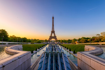 View of Eiffel Tower from Jardins du Trocadero in Paris, France. Eiffel Tower is one of the most...