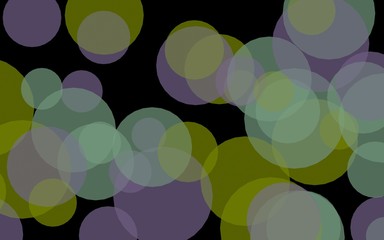 Multicolored translucent circles on a dark background. Green tones. 3D illustration