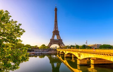 Poster Uitzicht op de Eiffeltoren en de rivier de Seine bij zonsopgang in Parijs, Frankrijk. Eiffeltoren is een van de meest iconische bezienswaardigheden van Parijs © Ekaterina Belova
