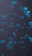 Digital currency symbol Bitcoin on a dark background. Fall of bitcoin. Cryptocurrency graph on virtual screen. Business, Finance and technology concept. 3D illustration