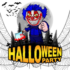 Halloween Party Poster with evil clown on a white isolated background. Vector illustration.