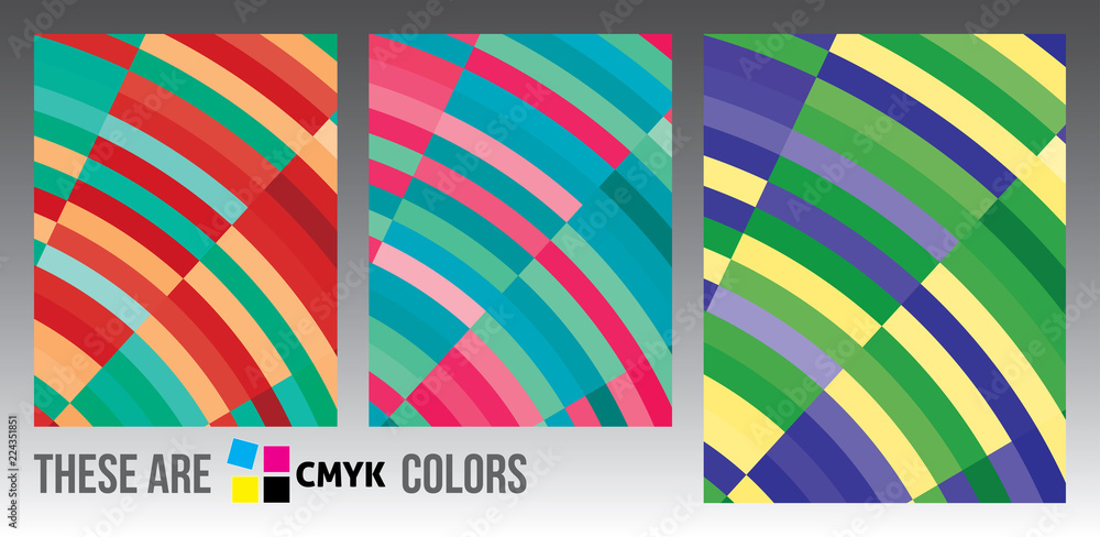 Poster set of abstract vertical backgrounds with bright colour stripes. cmyk colors