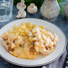 Chicken fillet breast with cheese and mushrooms, selective focus
