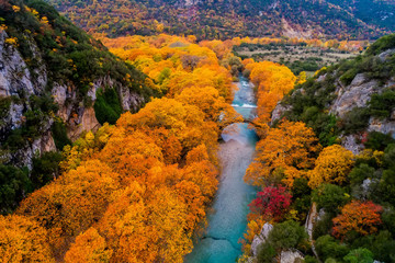 Aerial view of the Old stone bridge in Klidonia Zagoria in the autumn, Epirus, Western Greece.