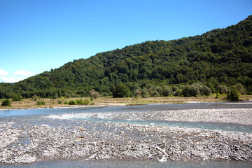 scenic views of the mountain river and mountains