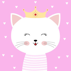 Cute cartoon kitty princess isolated on a pink background.