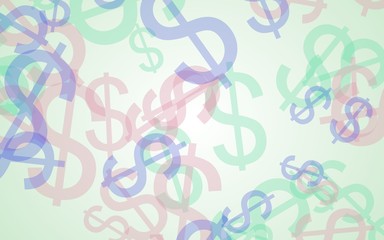 Multicolored translucent dollar signs on white background. Green tones. 3D illustration