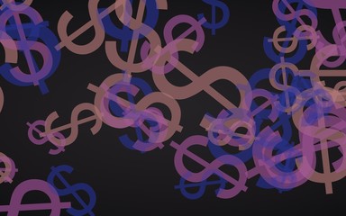 Multicolored translucent dollar signs on dark background. Red tones. 3D illustration