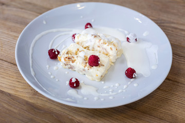Dessert with berries. Delicious tasty dessert standing on the table
