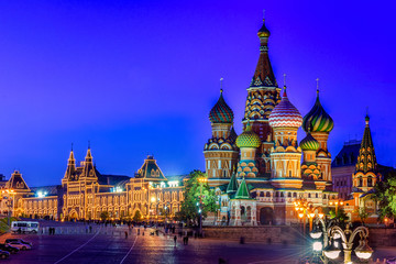 Fototapeta na wymiar Night view of Saint Basil s Cathedral and Red Square in Moscow, Russia. Architecture and landmark of Moscow. Night cityscape of Moscow
