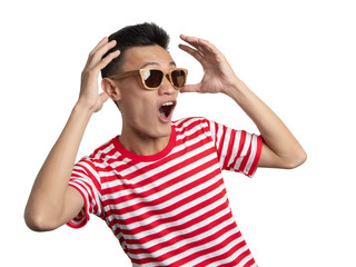 Asian people feeling happy with red white shirt with wood sunglasses.
