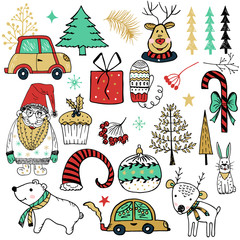 Christmas set of design elements with christmas trees,santa,letering, flowers, spruce branches, leaves and berries, snowflakes and  christmas decorations.Hand drawn design elements.