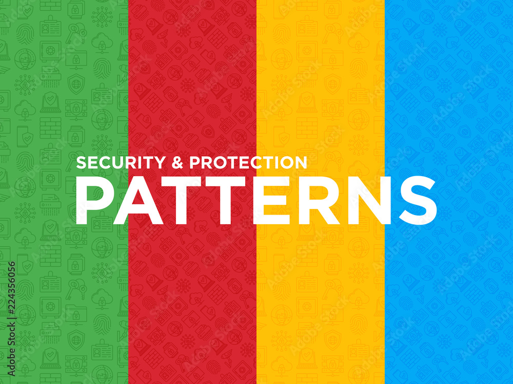 Poster four different security and protection seamless patterns with thin line icons: mobile security, fing
