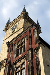 Old Town Tower with Hall remains, Old Town Square, UNESCO World Heritage Site, Prague, Czech Republic, sunrise on sunny summer day