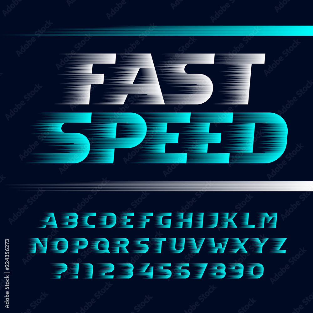 Fototapete fast speed alphabet font. wind effect italic letters, symbols and numbers. stock vector typeface for