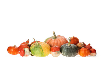 pile of different autumnal ripe pumpkins isolated on white