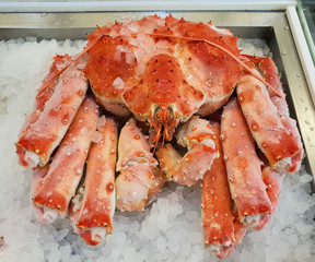 Cooked red king crab on ice. Close-up.