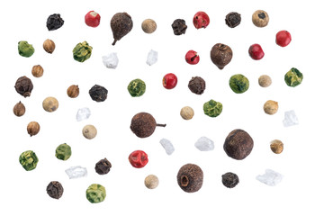 Different colored peppercorns isolated on white background.