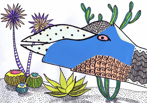 The head of a fantasy bird in the desert among cactuses. Children's drawing
