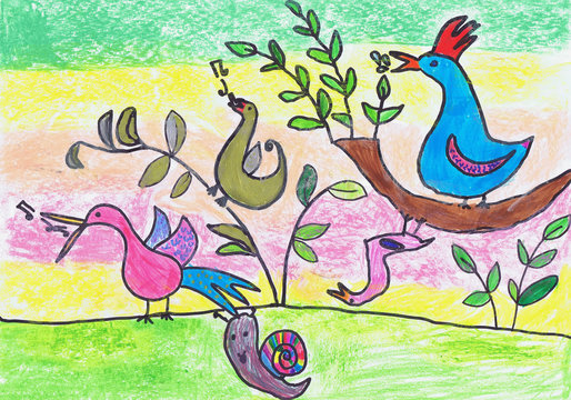 Spring singing of birds. Children's drawing