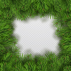 Christmas tree branches frame. Christmas and New Year decor. Realistic vector illustration isolated on a transparent background
