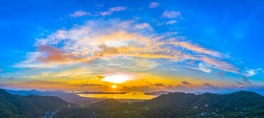 aerial scenery sunrise at Chalong sea Phuket Thailand.