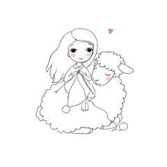 Knitting girl and a cute cartoon sheep.