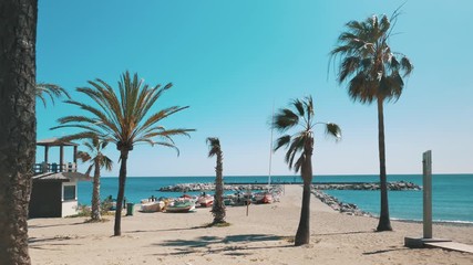 4K 25fps Palm trees and beach with Alboran sea view in the background. Marbella - Puerto Banus, Spain