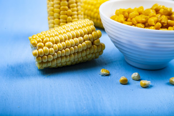 Raw and canned corn in a white bowl.