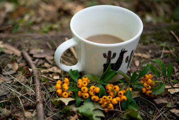 A cup of coffee with fall decoration