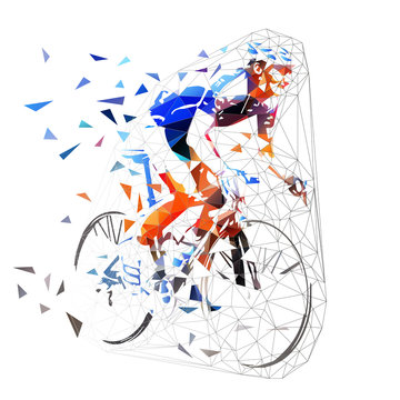 Road cycling, polygonal cyclist in blue jersey riding bike. Low poly vector illustration