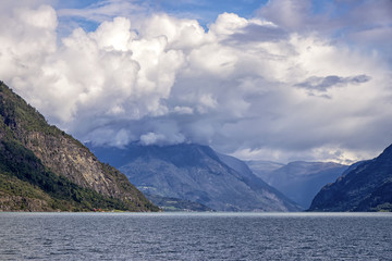 View of the idyllic Lustrafjord. Seen in Norway