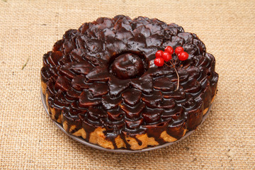 Chocolate cake decorated with bunch of viburnum