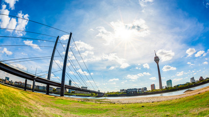 Dusseldorf panorama with Rhine bridge, TV tower and media harbor