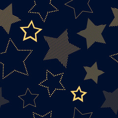 Golden simple striped and doted stars on blue geometric seamless pattern, vector