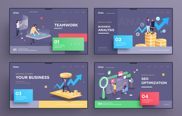Presentation slide templates or hero pages for websites, or apps. Business concept illustrations. Modern flat style - obrazy, fototapety, plakaty