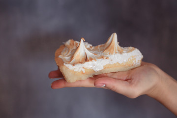 cake in the hands on a grey background