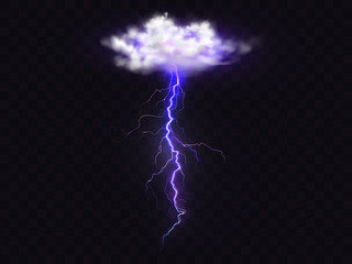 Lightning thunderbolt from thunderstorm cloud vector illustration. Isolated realistic electric flash from sky on transparent background, weather element