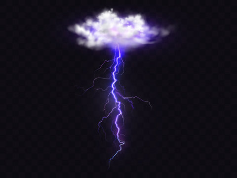 Lightning thunderbolt from thunderstorm cloud vector illustration. Isolated realistic electric flash from sky on transparent background, weather element