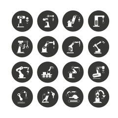 industrial robot arm icon set in circle buttons