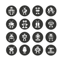 cute robot and monster icon set in circle buttons