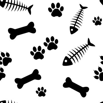 Animal Seamless Pattern With Fish Bones And Cat Paw Track, Bones And Dog Paw Track Isolated On White Background. Vector Illustration