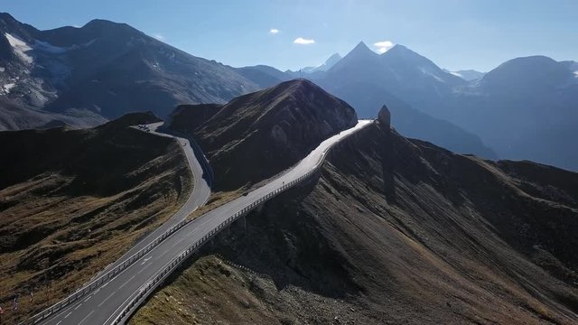 Flight around of Fuscher Torl pass on Grossglockner scenic High Alpine Road, Austria