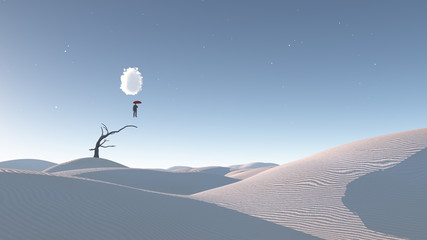 Man in mid air in surreal desert