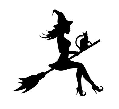 black graceful silhouette of a beautiful witch and a cat flying on a broomstick
