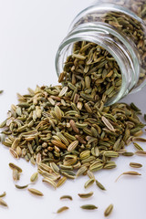 essential oil of fennel seeds on a white background
