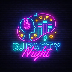 DJ Party Neon sign vector. Night Party Design template neon sign, Dj Sound Advertising light banner, neon signboard, nightly bright advertising, light inscription. Vector illustration